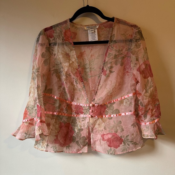Miss Dorby Tops - Vintage 90s Sheer Feminine Floral Crinkle Gauze Blouse Fairy Valentines